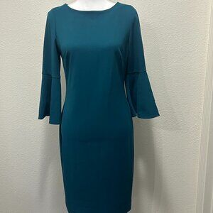 Calvin Klein classic sheath dress, teal, bell sleeves, size 6